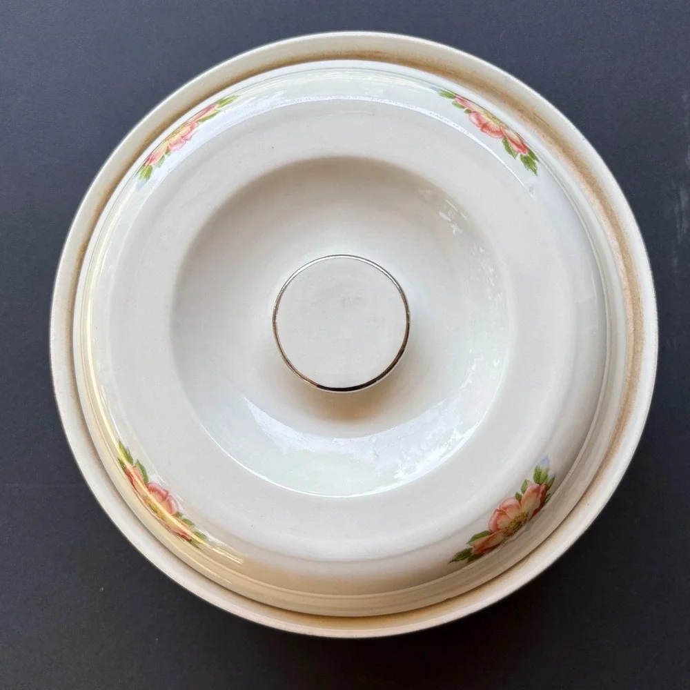 Vintage Hall China Wild Rose Blue Casserole Dish with Lid Made in USA MCM Floral